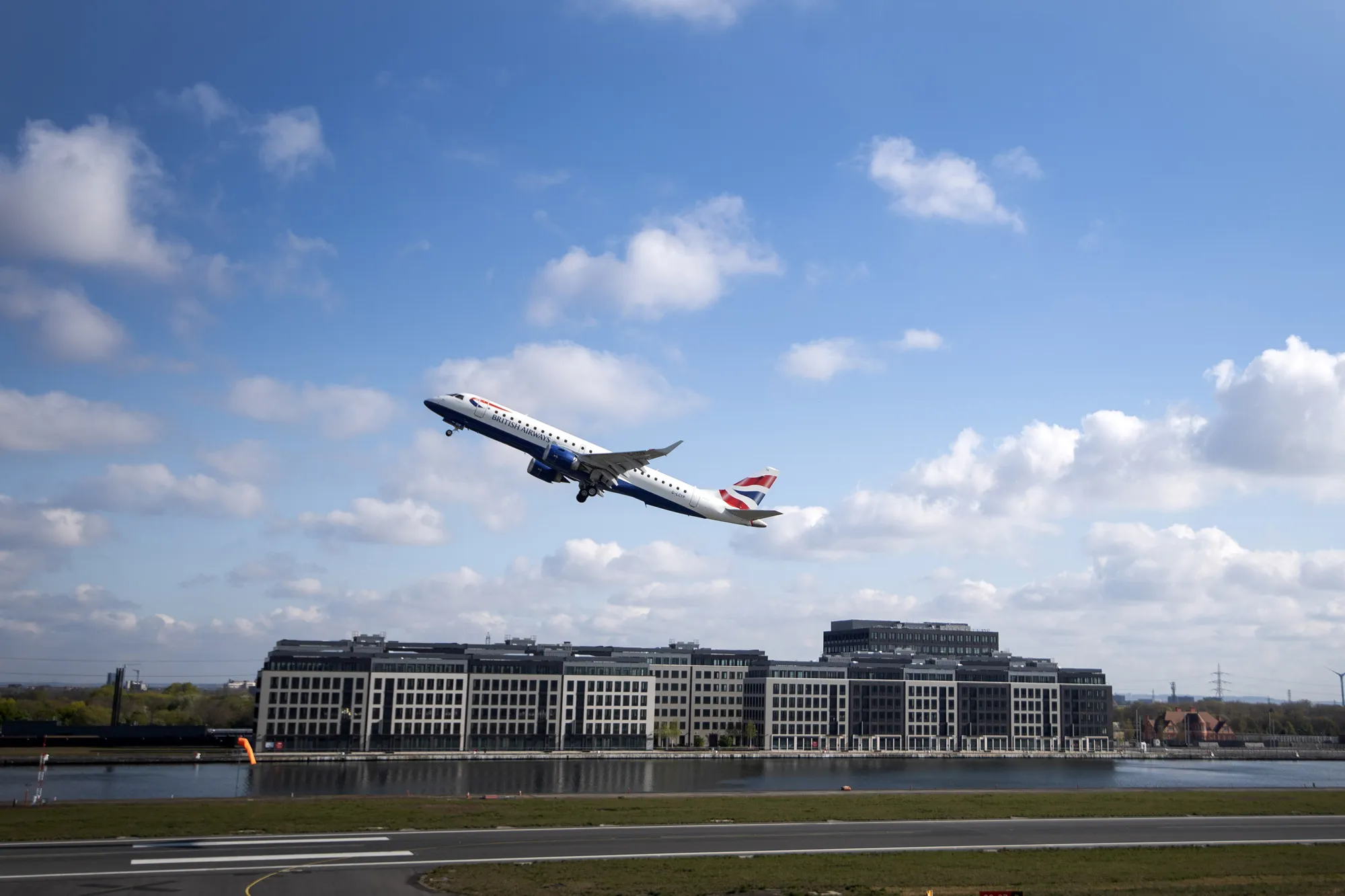 A British Airways flight takes off at London City Airport.
