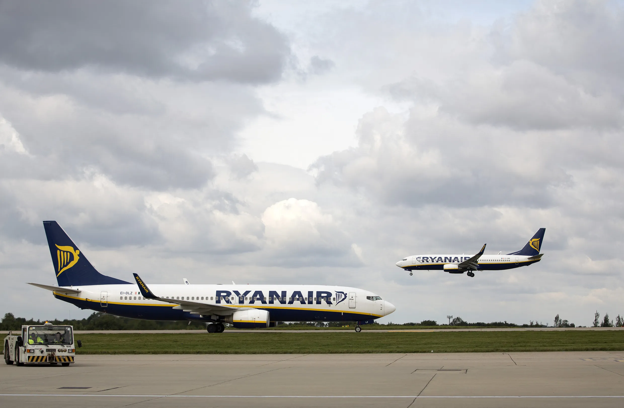 Ryanair airplanes at Stansted Airport in Stansted, UK.