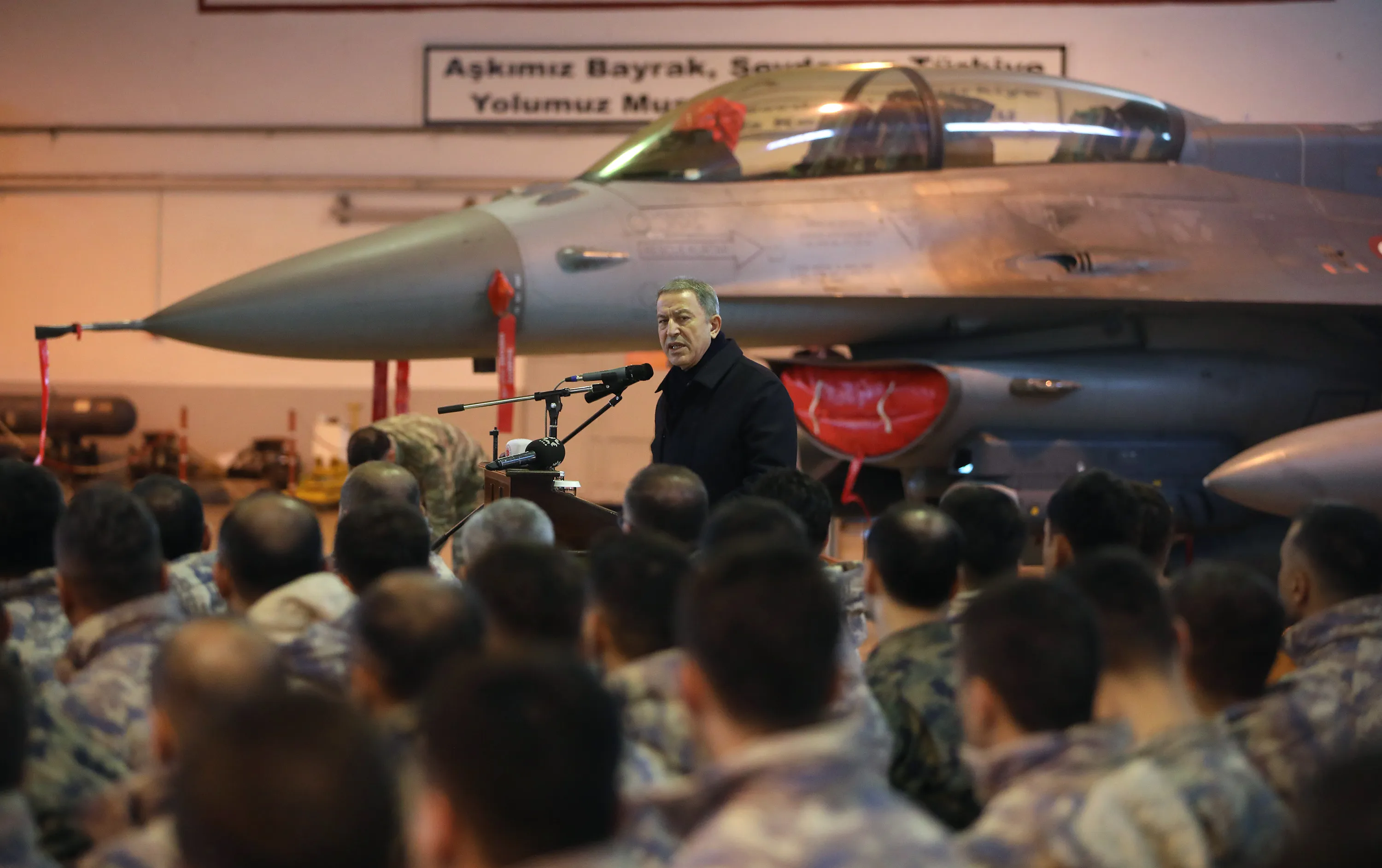 Turkish National Defense Minister Hulusi Akar makes a speech to Turkish soldiers as he visits the 8th Main Jet Base Command in Diyarbakir, Turkey on Jan. 1.