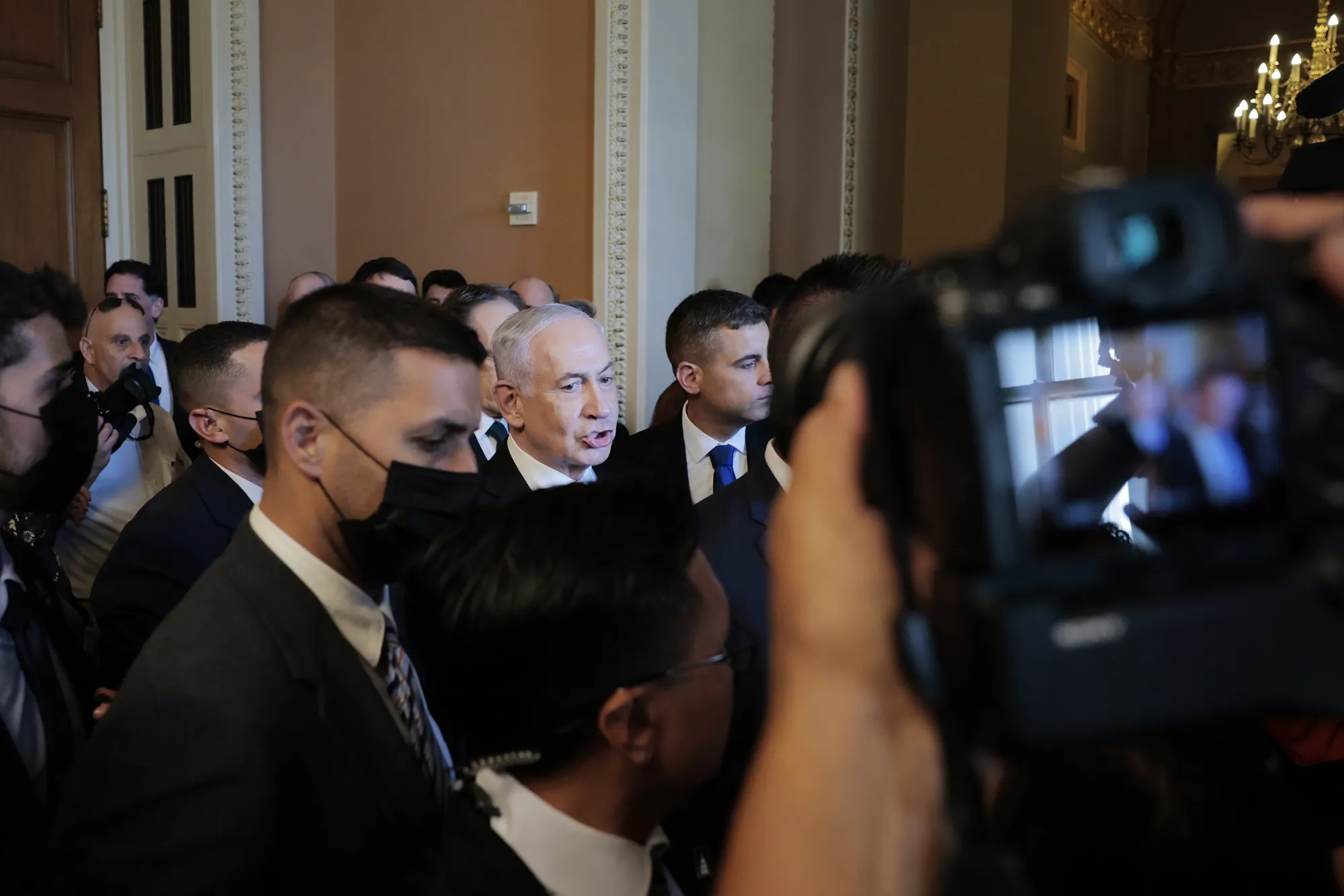 &nbsp;Israeli Prime Minister Benjamin Netanyahu speaks to reporters before meeting with Senators in the Capitol in Washington, DC,&nbsp;on July 9.&nbsp;