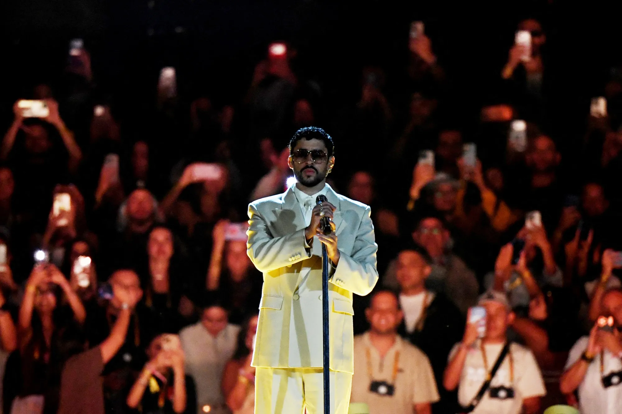 Bad Bunny performs at the Atanasio Girardot Stadium in Medellin, Colombia, on Jan. 23.