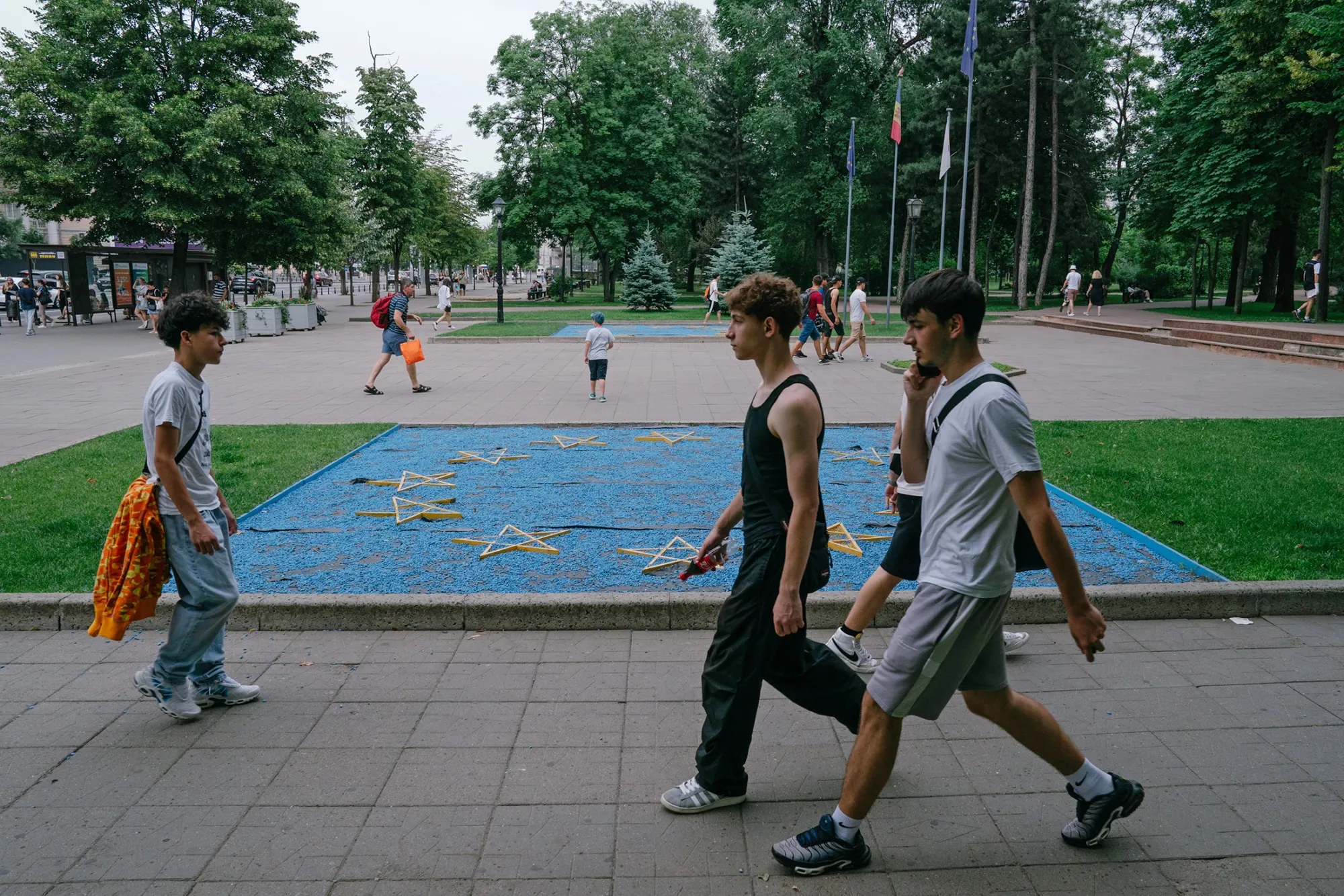 Installations featuring the European Union flag in Chisinau. Moldova is part of a widening movement among former Soviet states to overcome pressure from Moscow and pivot westward.