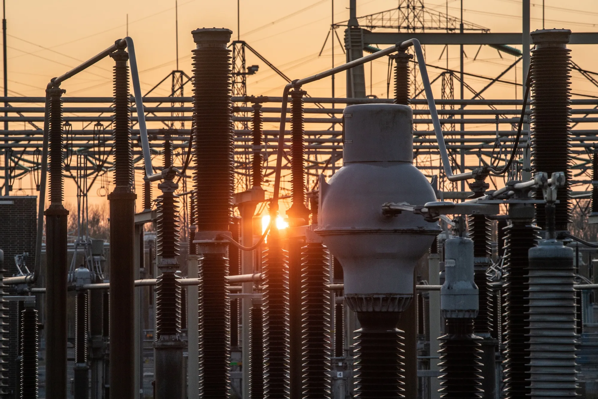 An electrical substation at a natural gas power plant in Muiden, Netherlands.