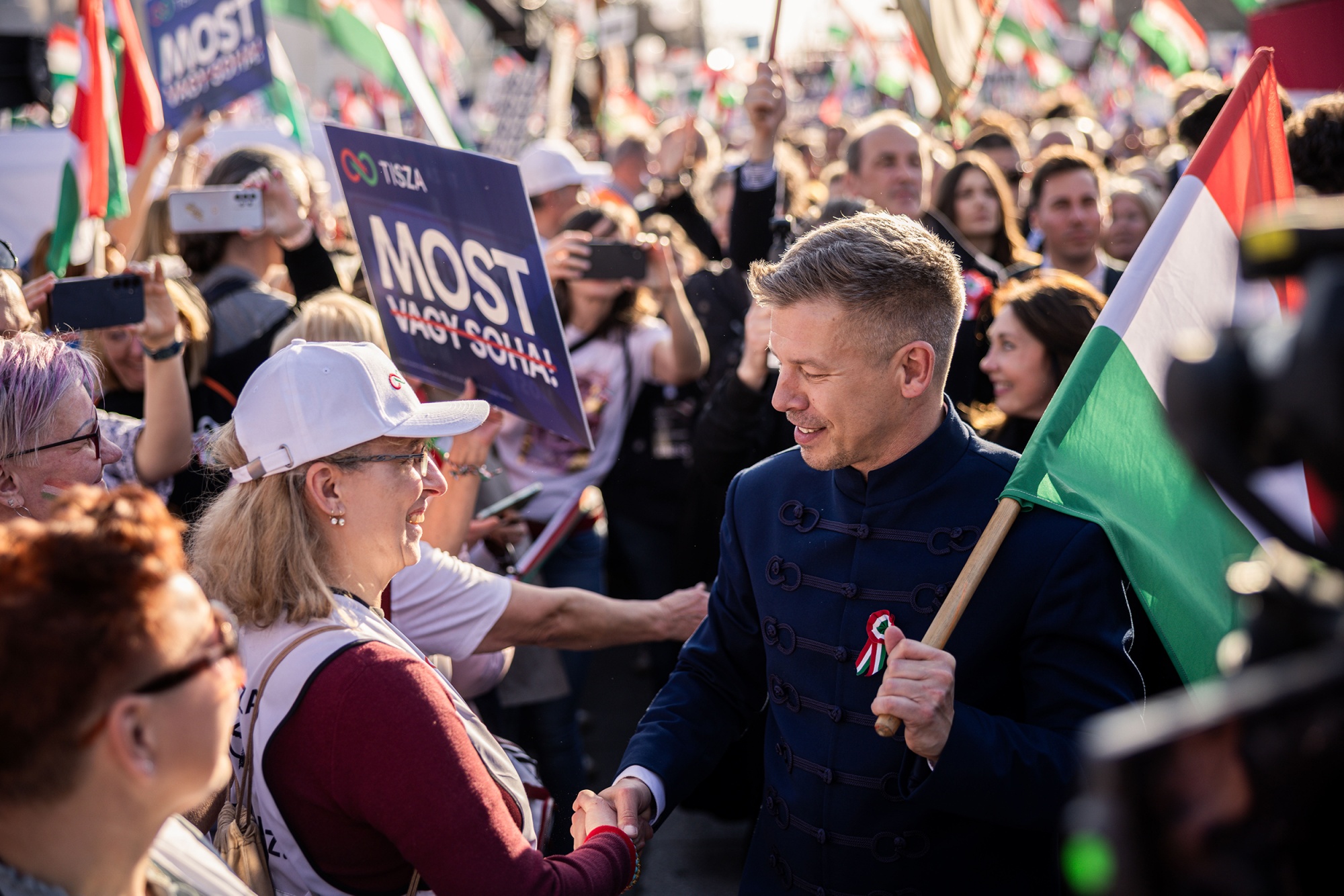 Peter Magyar greets supporters during a rally in Budapest on March 15, Hungary’s national day. Photographer: Akos Stiller/Bloomberg