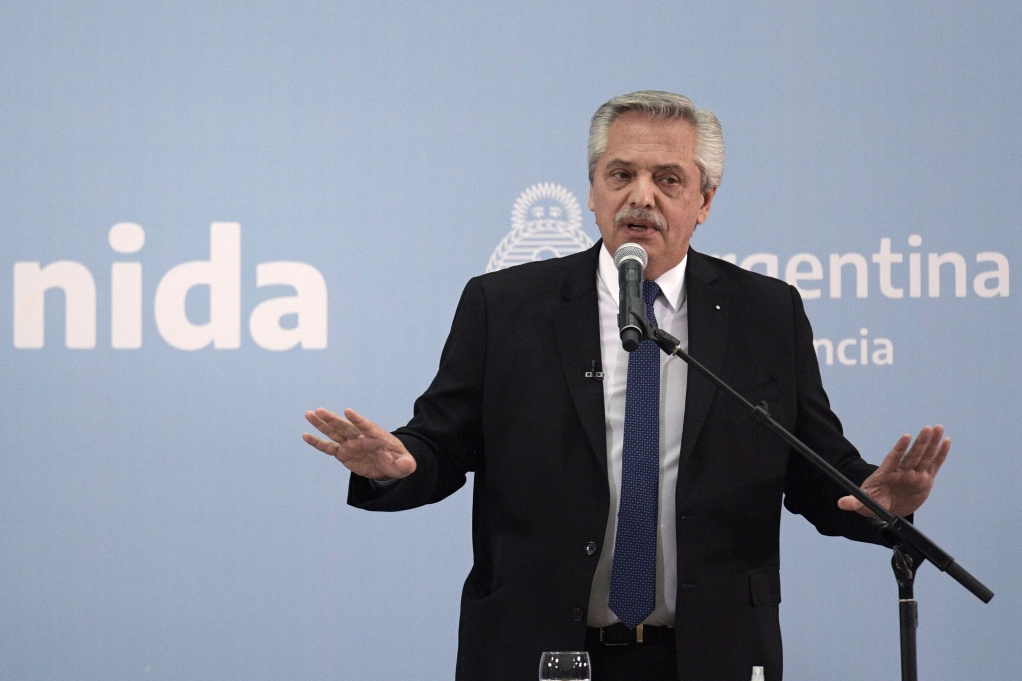 President of Argentina Alberto Fernandez speaks during the Ministers' swearing in ceremony at Museo del Bicentenario on September 20, 2021 in Buenos Aires, Argentina.