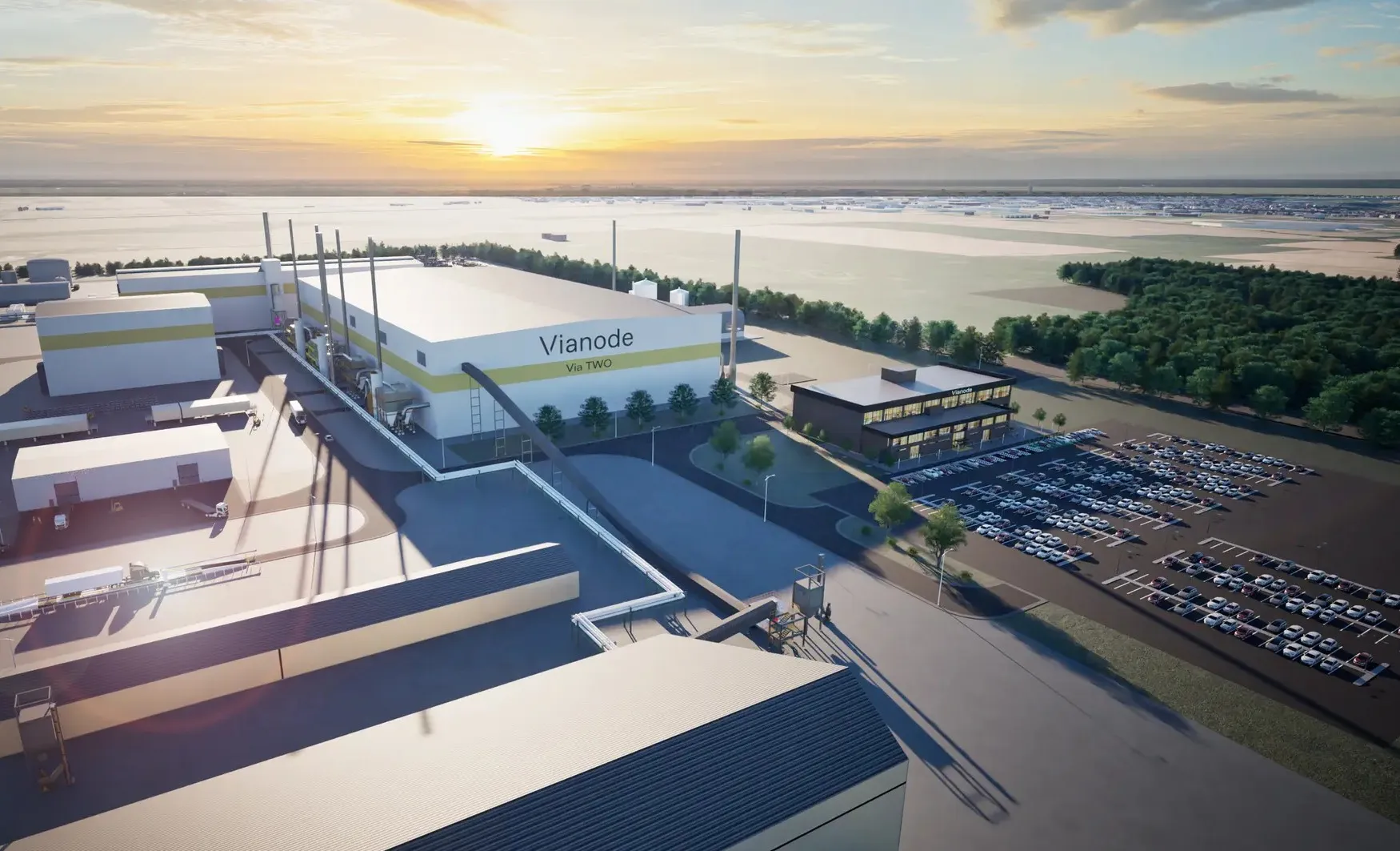 A rendering of the Vianode&nbsp;production facility for low-emission synthetic anode graphite&nbsp;in Ontario, Canada.