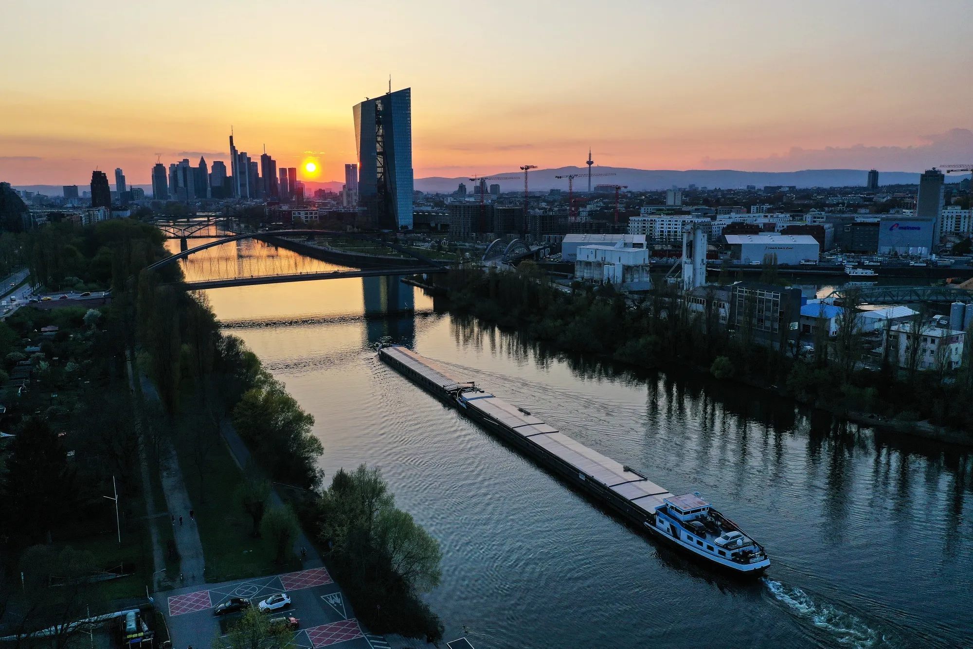 A cargo barge on the River Rhine near the European Central Bank (ECB) headquarters in Frankfurt.