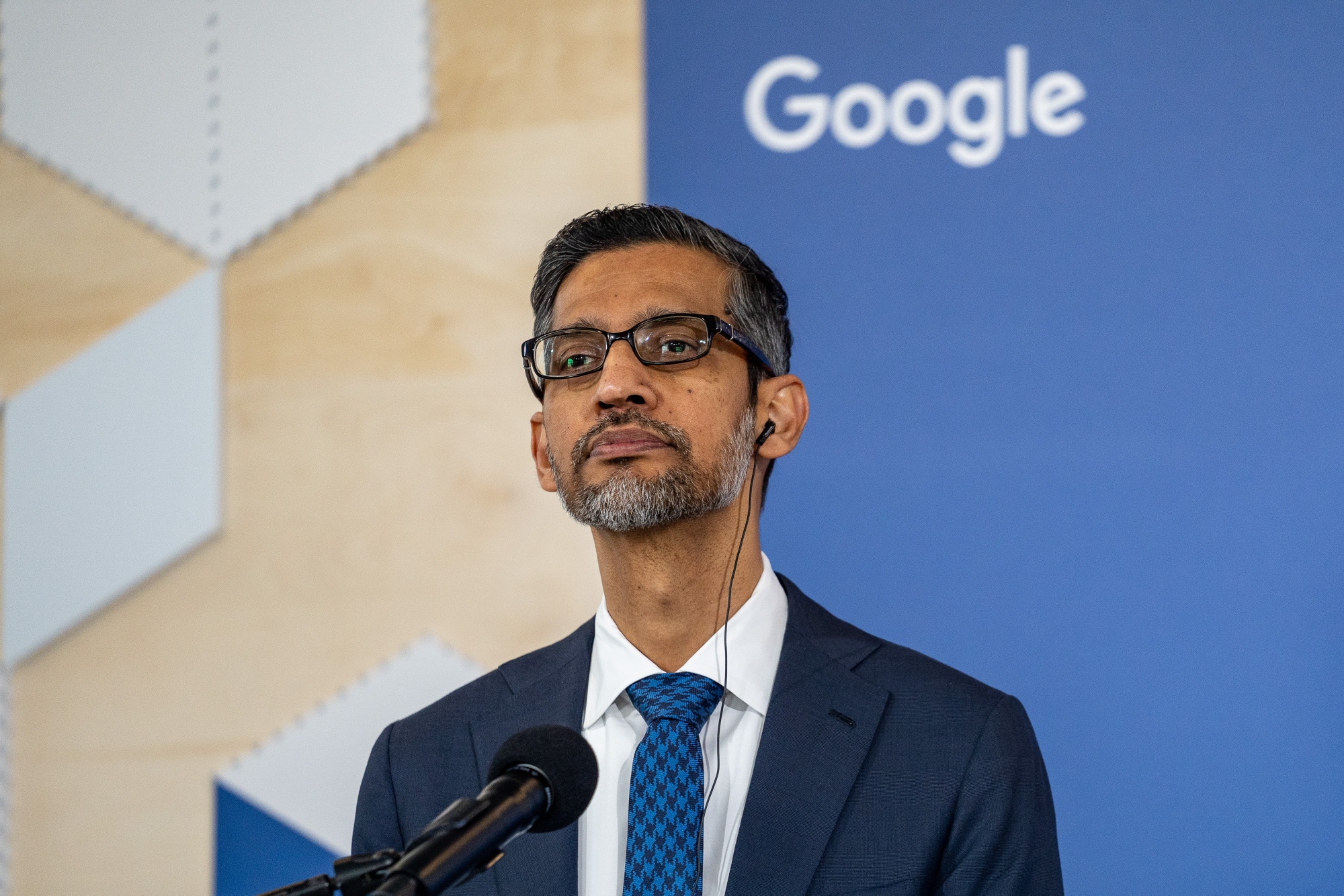Sundar Pichai, chief executive officer of Alphabet Inc., during a visit to the Google for Startups campus in Warsaw, Poland, on Thursday, Feb. 13, 2025. The EU has established a reputation globally for its aggressive regulation of major technology companies, including the likes of Apple and Google over antitrust concerns.