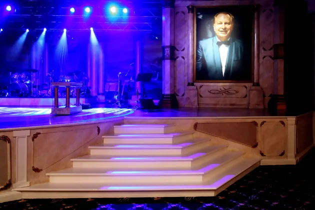 A portrait of founder L. Ron Hubbard hangs in a church retreat center at Scientology’s spiritual headquarters in Clearwater, Fla.