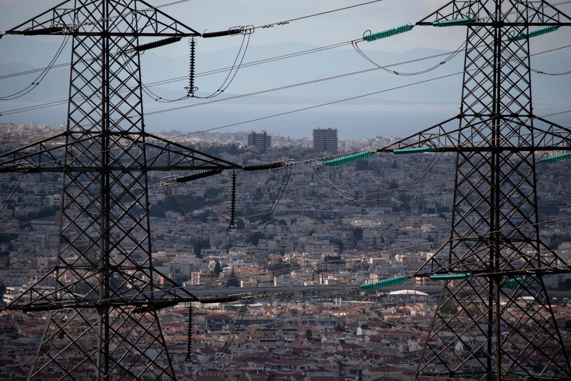 Electricity transmission pylons&nbsp;northeast of Athens, Greece.