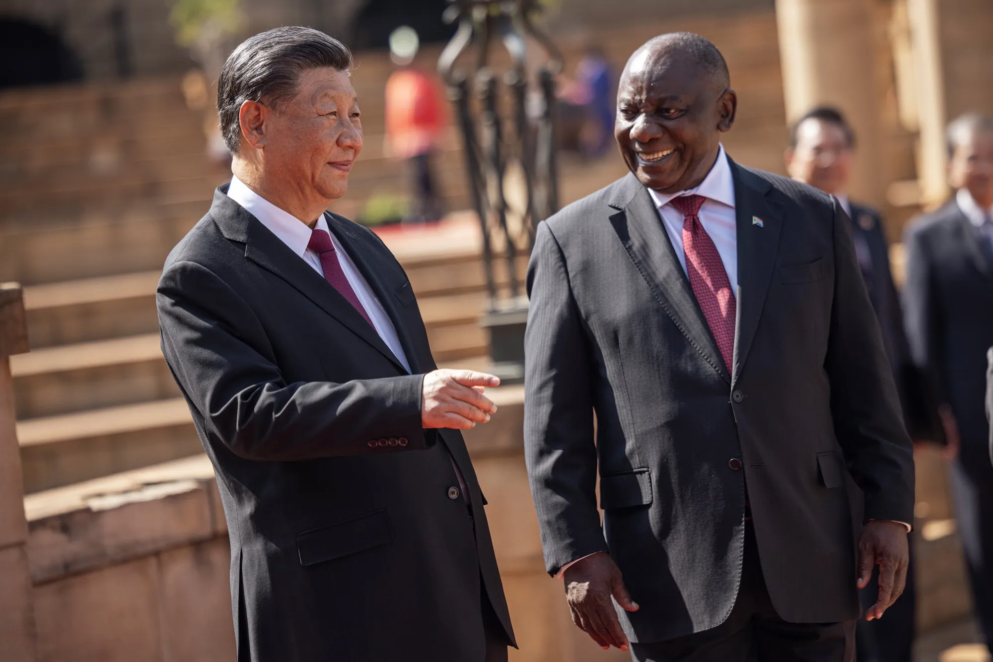 Xi Jinping, China's president, left, and Cyril Ramaphosa, South Africa's president, in Pretoria, South Africa, on&nbsp;Aug. 22.