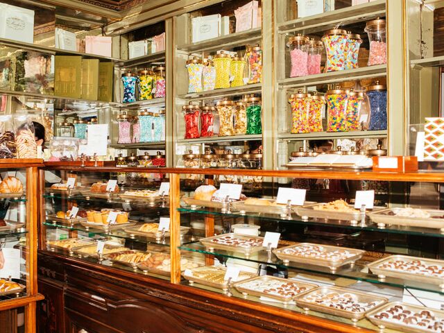 Chocolates and other sweets in the glass cases of Marchesi 1824. 
