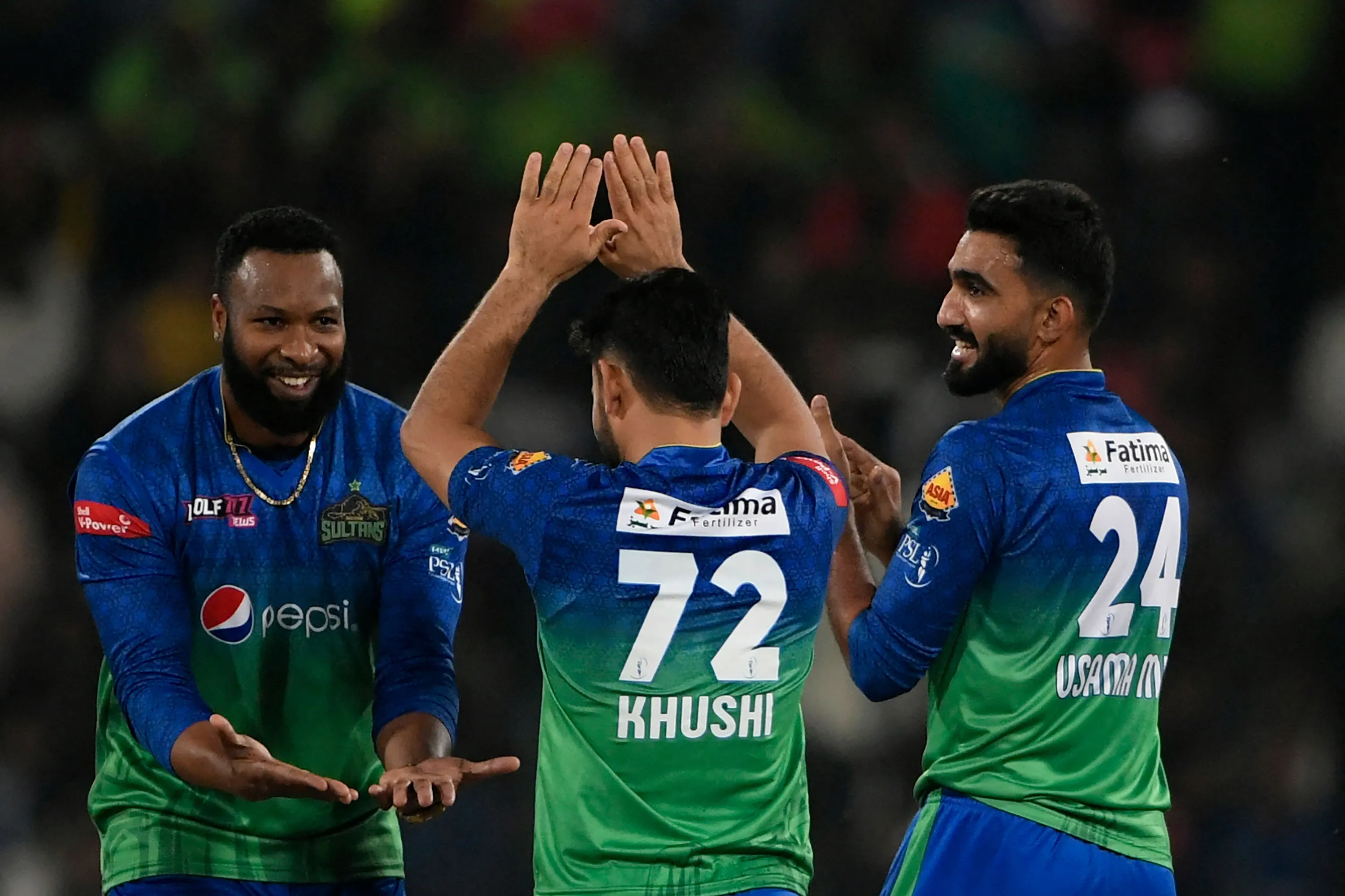Multan Sultans' players celebrate during the Pakistan Super League&nbsp;Twenty20 cricket final match with Lahore Qalandars&nbsp;in Lahore on March 18, 2023.