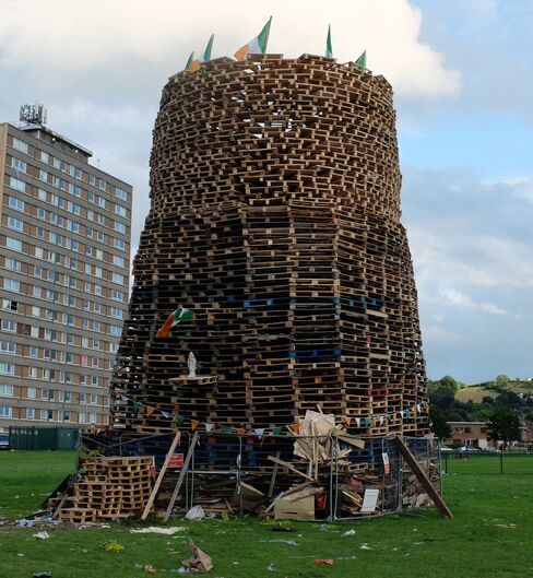 A bonfire stands unlit in the Cregagh housing estate.