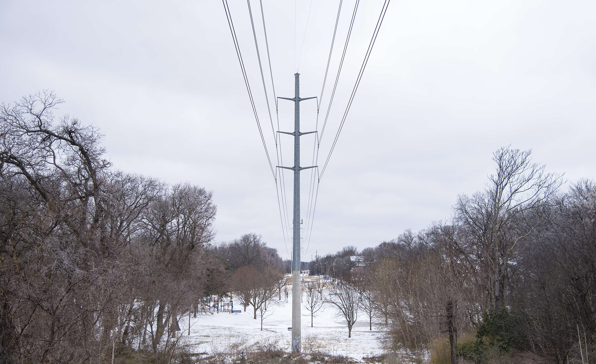 Snow lies on the ground near power lines at White Rock Lake after a winter storm in Dallas, Texas on Feb. 3.&nbsp;