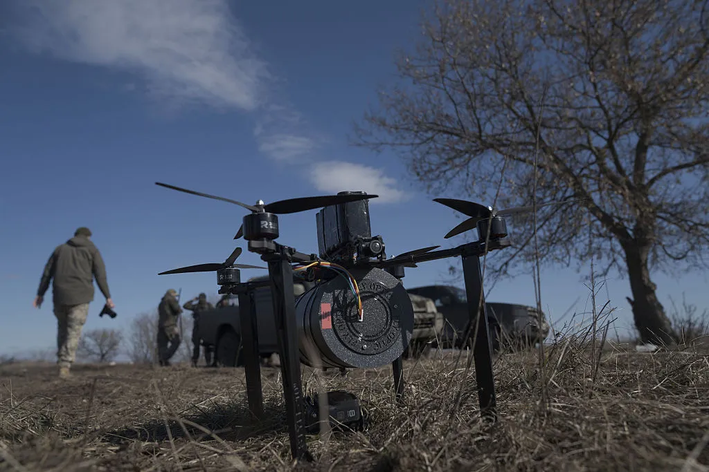 Soldiers test fiber optic drones before using them on the front line in Donetsk Oblast, Ukraine.