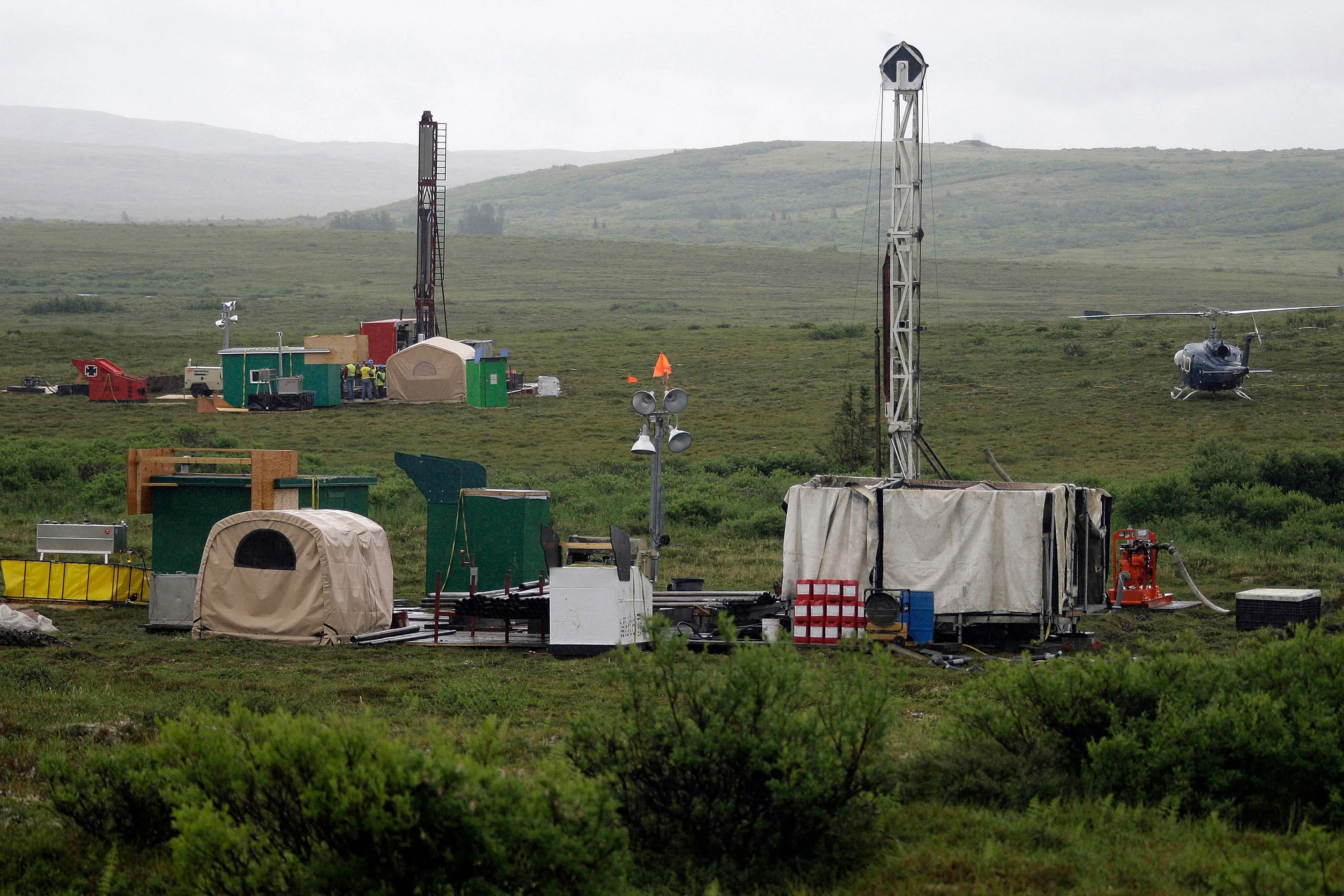 Pebble Mine project test drills stand in the Bristol Bay region of Alaska, near the village of Iliamma in 2007.&nbsp;
