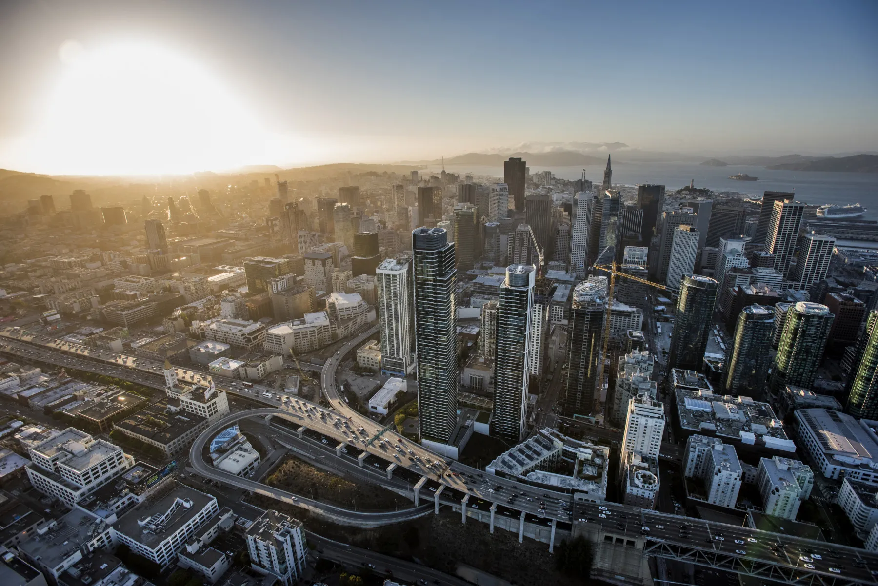 Buildings stand in the skyline of downtown in this aerial photograph taken above San Francisco, California, U.S.