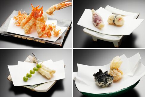 Scenes from a tempura omakase, (clockwise from top left): shrimp tails and heads; Japanese ginger and trigger fish; gogi berries and whiting; seaweed-wrapped scallops.