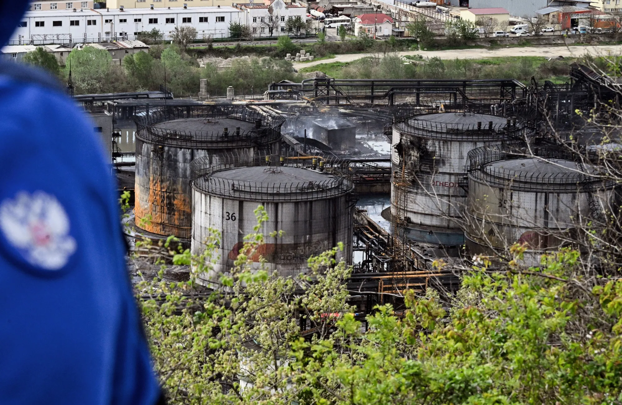 Oil storage facilities destroyed by a&nbsp;drone attack at the Tuapse oil refinery in Tuapse, Krasnodar region.