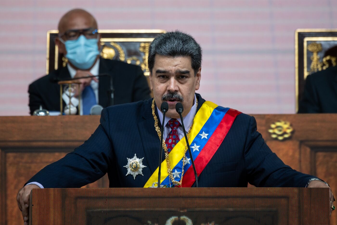 Nicolas Maduro, Venezuela’s president, delivers a State of the Union address at the National Assembly in Caracas, Venezuela, on Saturday, Jan. 15, 2022.