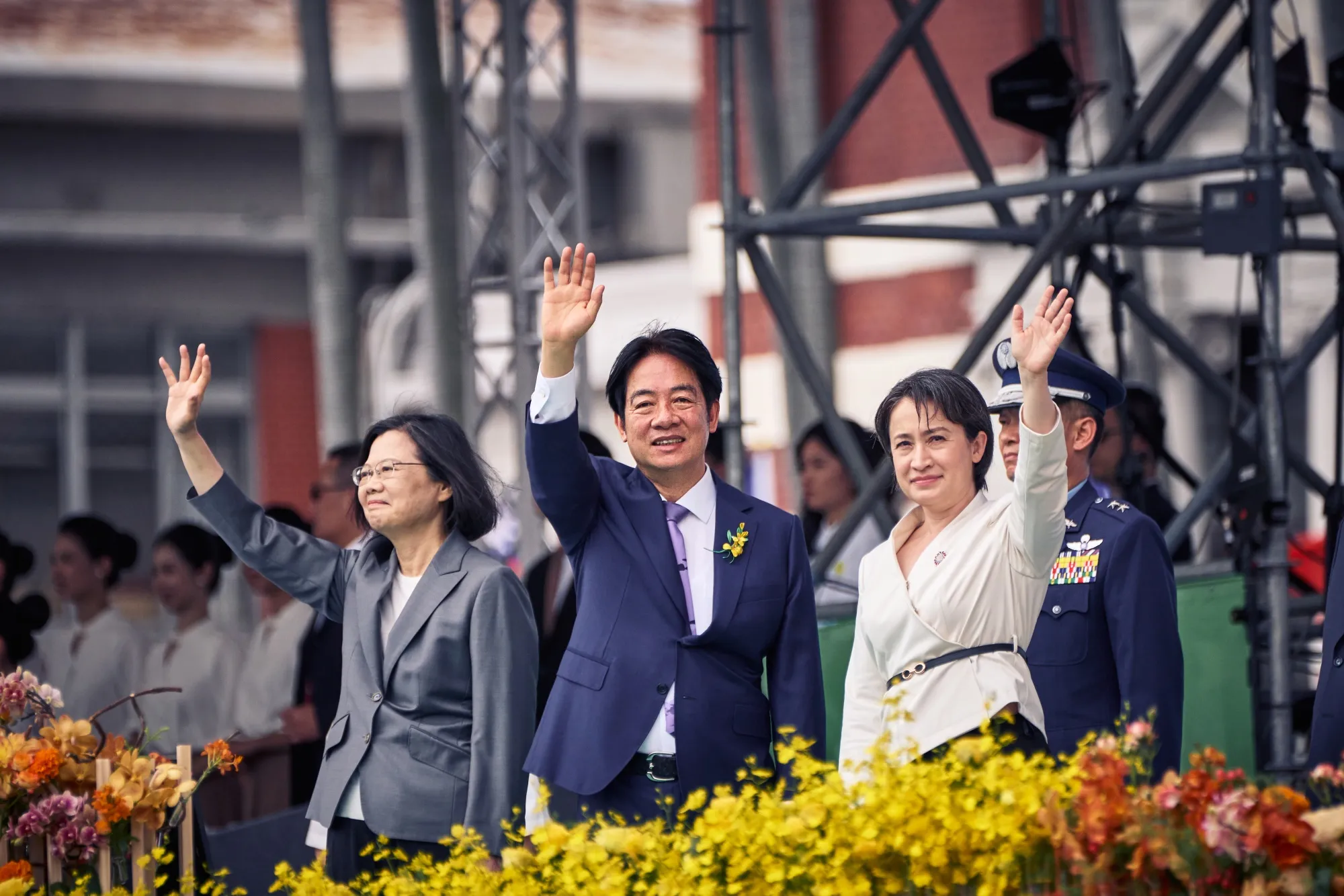 Lai Ching-te with former president Tsai Ing-wen, left, and vice president Hsiao Bi-khim, right, at his inauguration in Taipei.