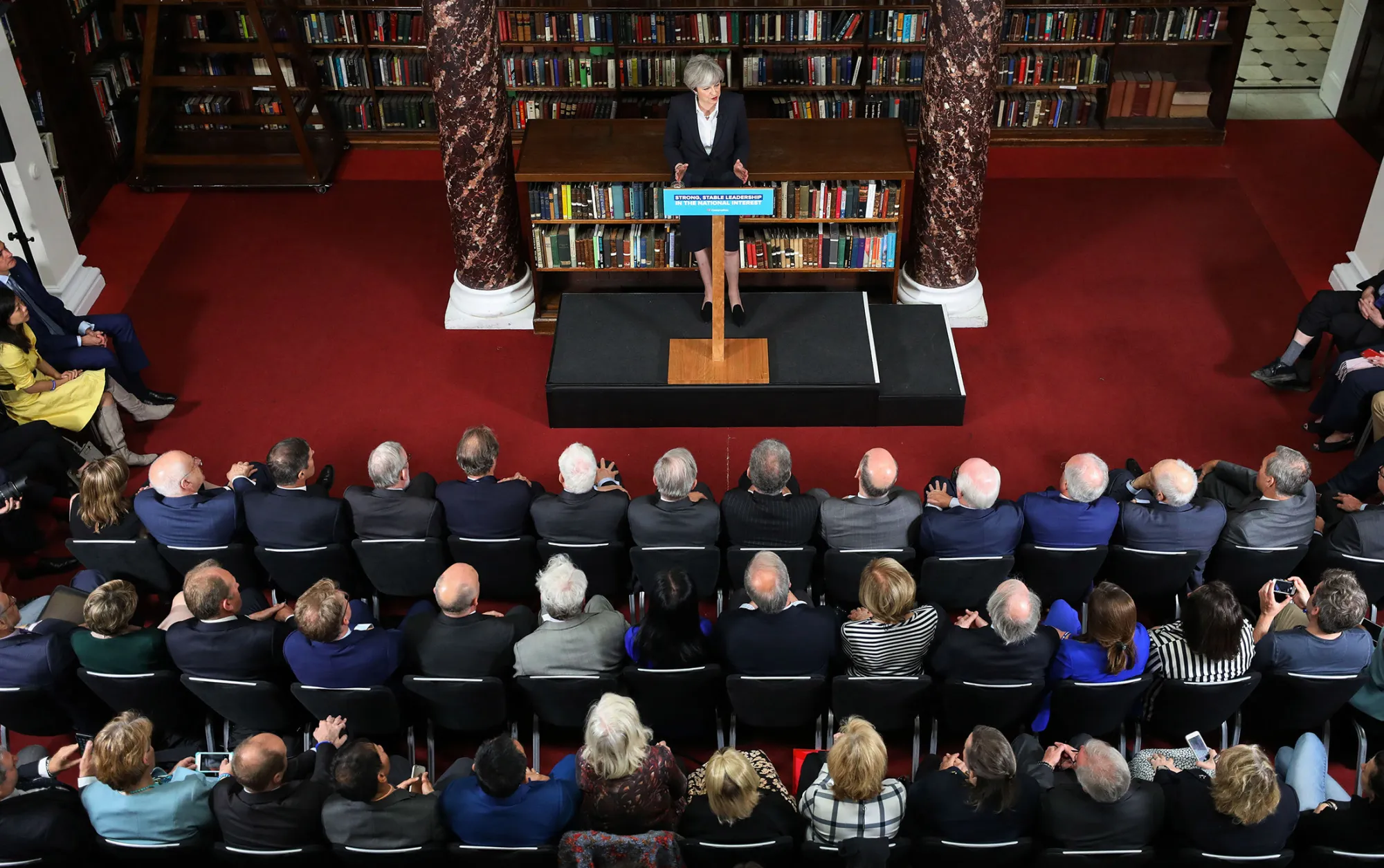 Theresa May, U.K. prime minister and leader of the Conservative Party, delivers a speech at the Royal United Services Institute&nbsp;in London,&nbsp;on&nbsp;June 5, 2017.&nbsp;
