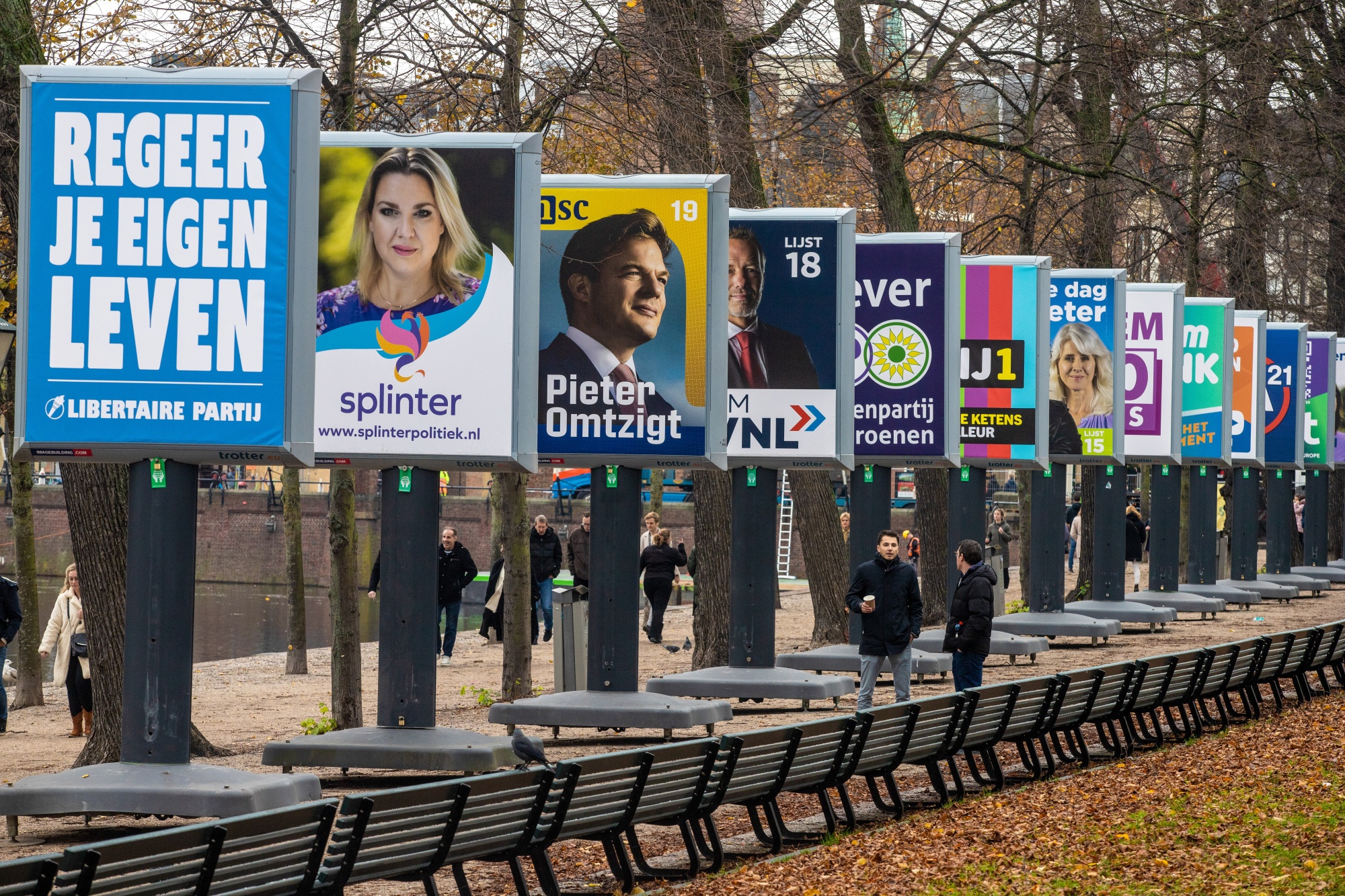 Election campaign posters for political parties contesting in the upcoming Dutch election.