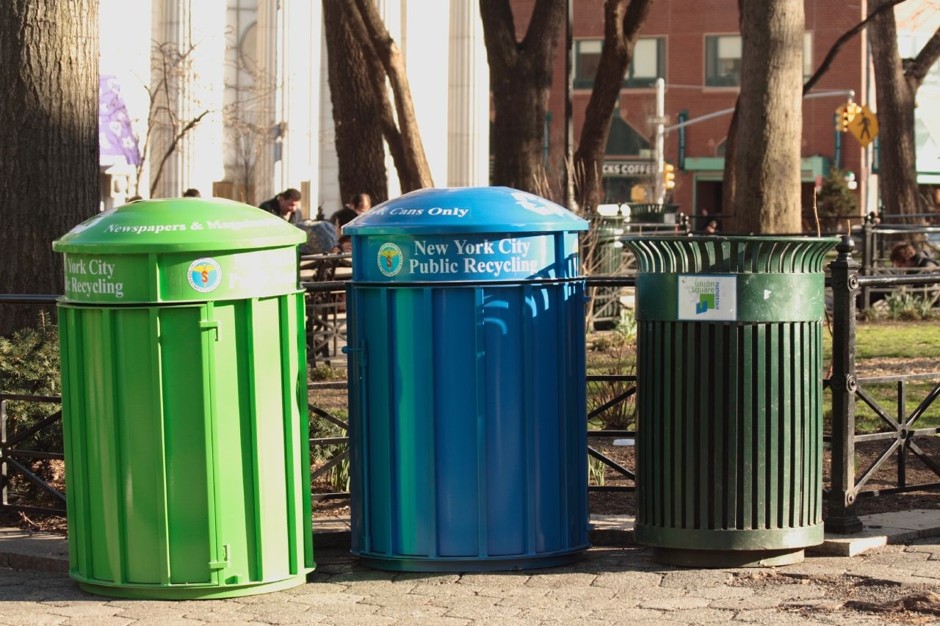 Recycling bins in New York aren't as easy to find as these Union Square receptacles would lead you to believe.