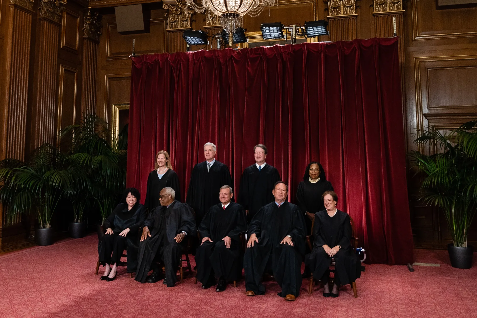 Justices of the US Supreme Court during a formal group photograph at the Supreme Court in Washington, DC.