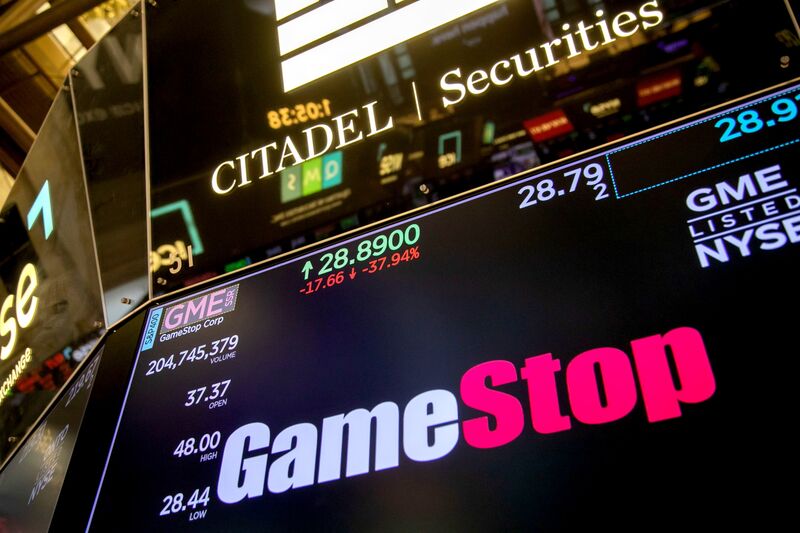 GameStop Corp. signage on the floor of the New York Stock Exchange (NYSE) in New York, US. 
