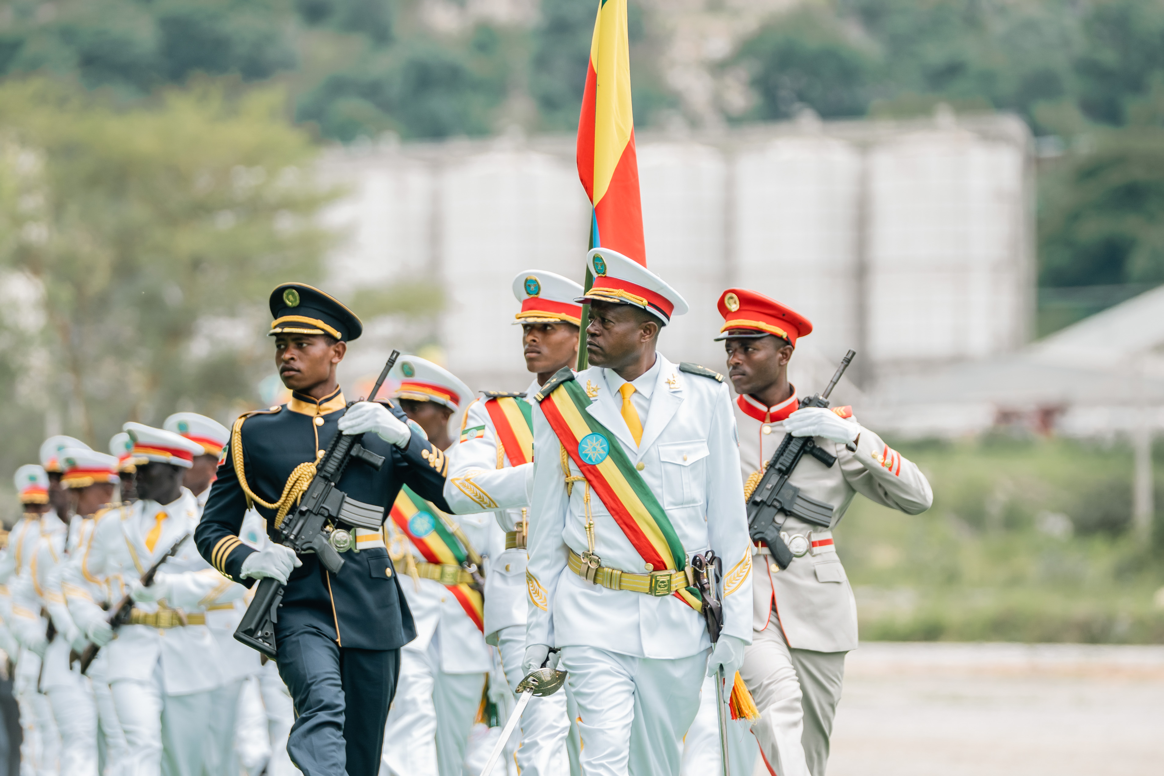 Ethiopian soldiers march during the Grand Ethiopian Renaissance Dam (GERD) opening ceremony in Guba, Ethiopia, on Tuesday, Sept. 9, 2025. Ethiopia inaugurated on Tuesday Africa's biggest hydroelectric dam, a colossal feat of engineering that could power homes and industries across East Africa, while deepening a years-long dispute with Egypt and Sudan over the Nile's flow. Photographer: Amanuel Sileshi/Bloomberg