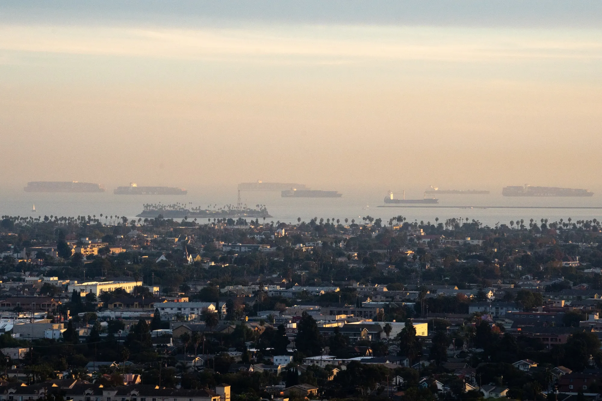 Cargo ships anchored in the Pacific Ocean off the Port of Long Beach and Port of Los Angeles on&nbsp;Nov. 20.
