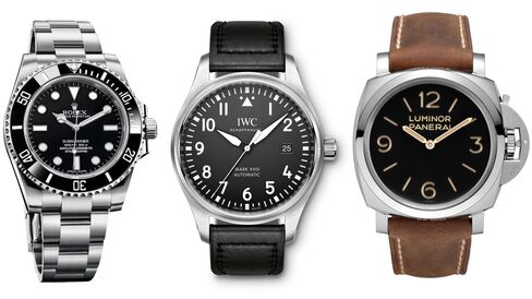 The Rolex Submariner, IWC Pilot Mark XVIII, and Panerai Luminor 1950 are all sturdy, sporty choices.