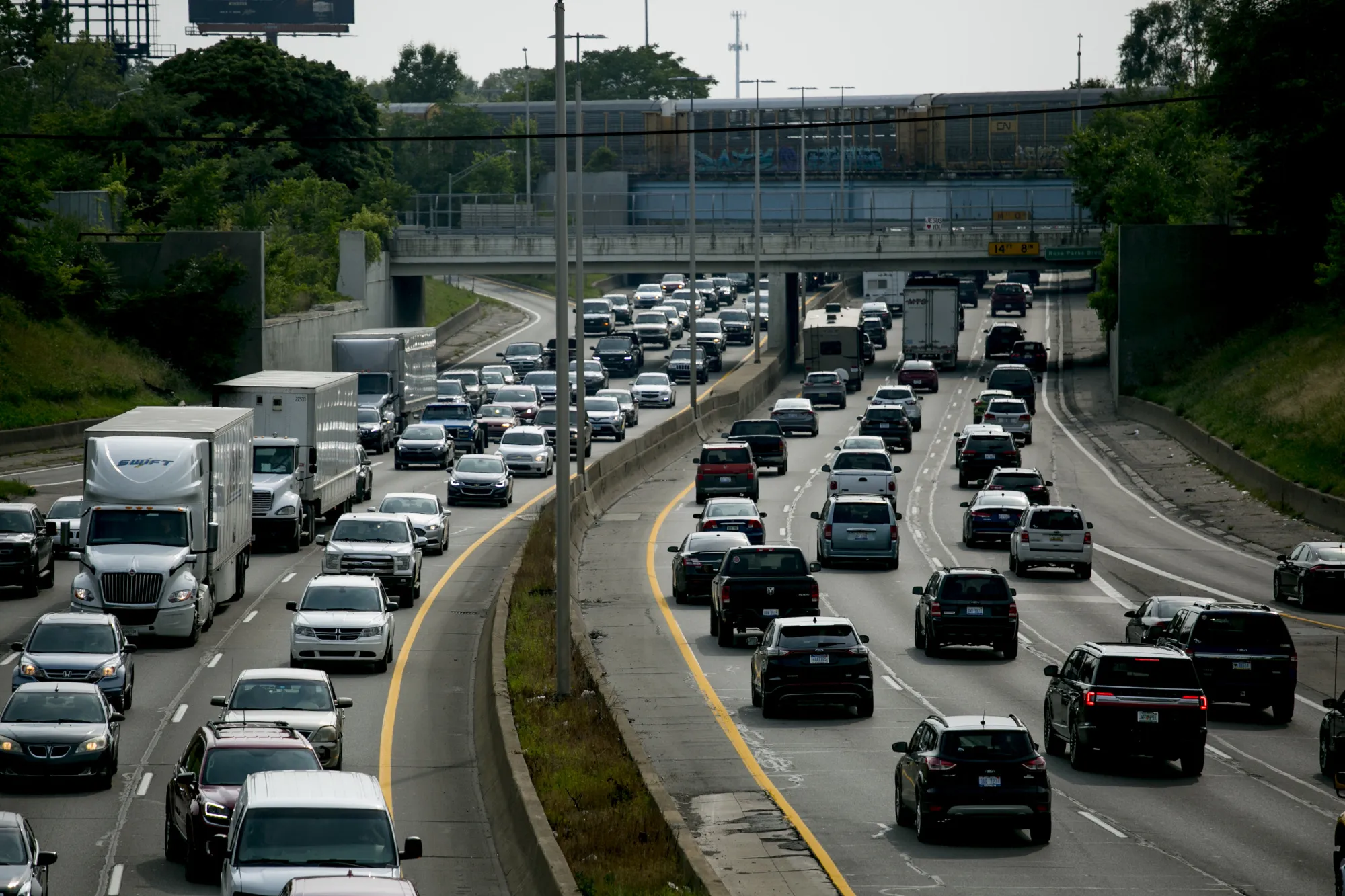 Vehicles travel along I-94 freeway in Detroit, Michigan.