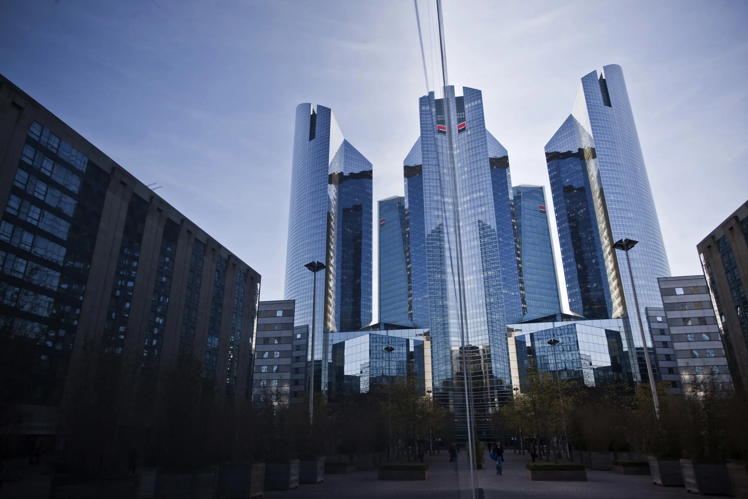 The headquarters of Societe Generale SA stand in the La Defense business district of Paris.