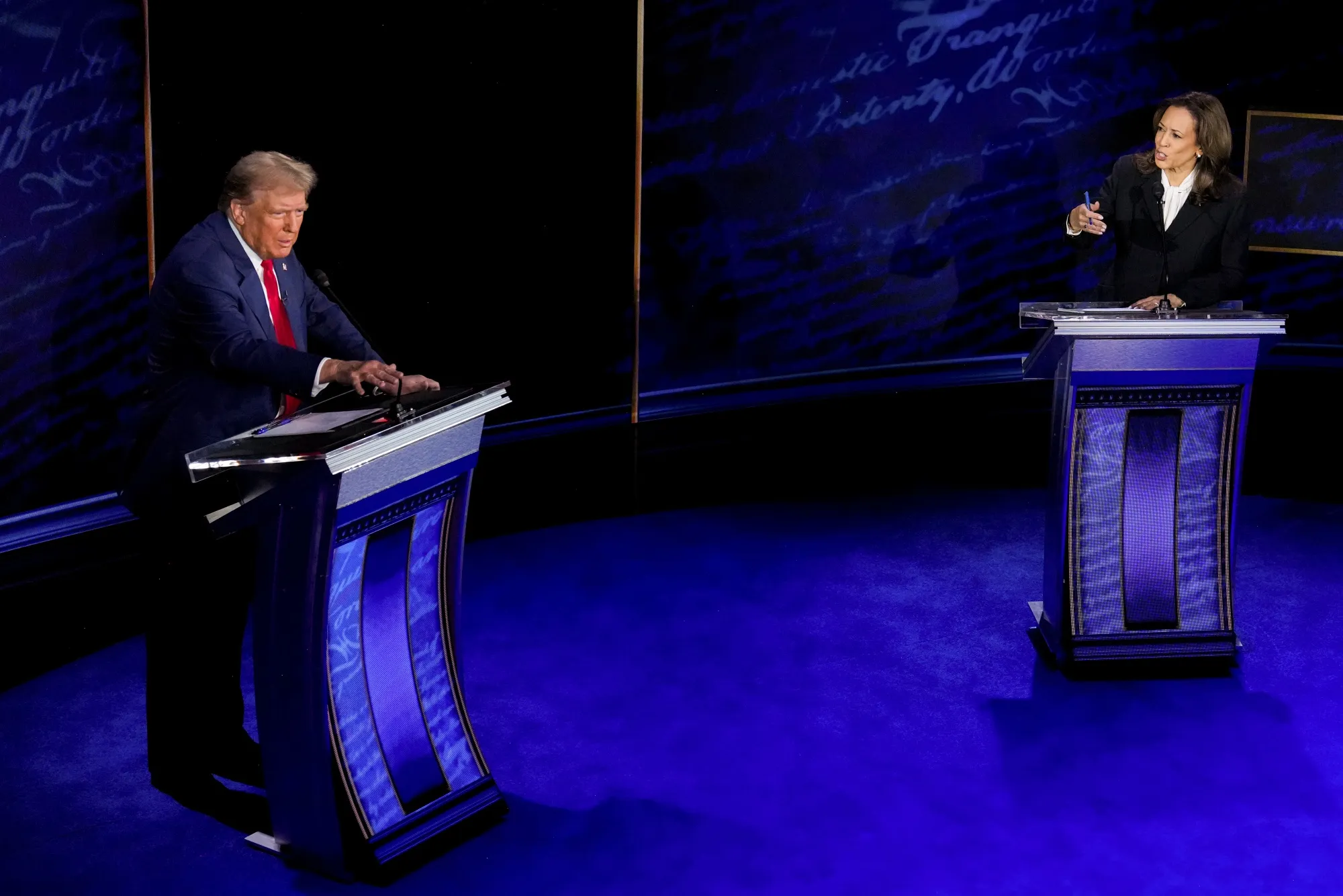 US Vice President Kamala Harris, right, and former US President Donald Trump during the presidential debate in Philadelphia.