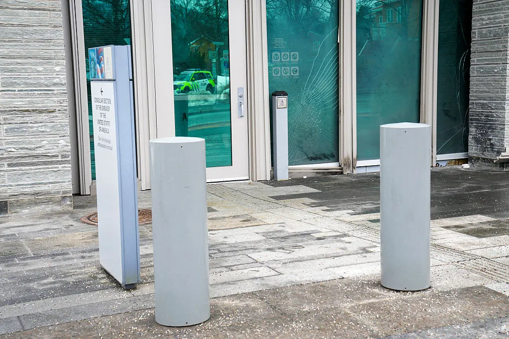 Damage&nbsp;at the US Embassy in Oslo, on March 8.