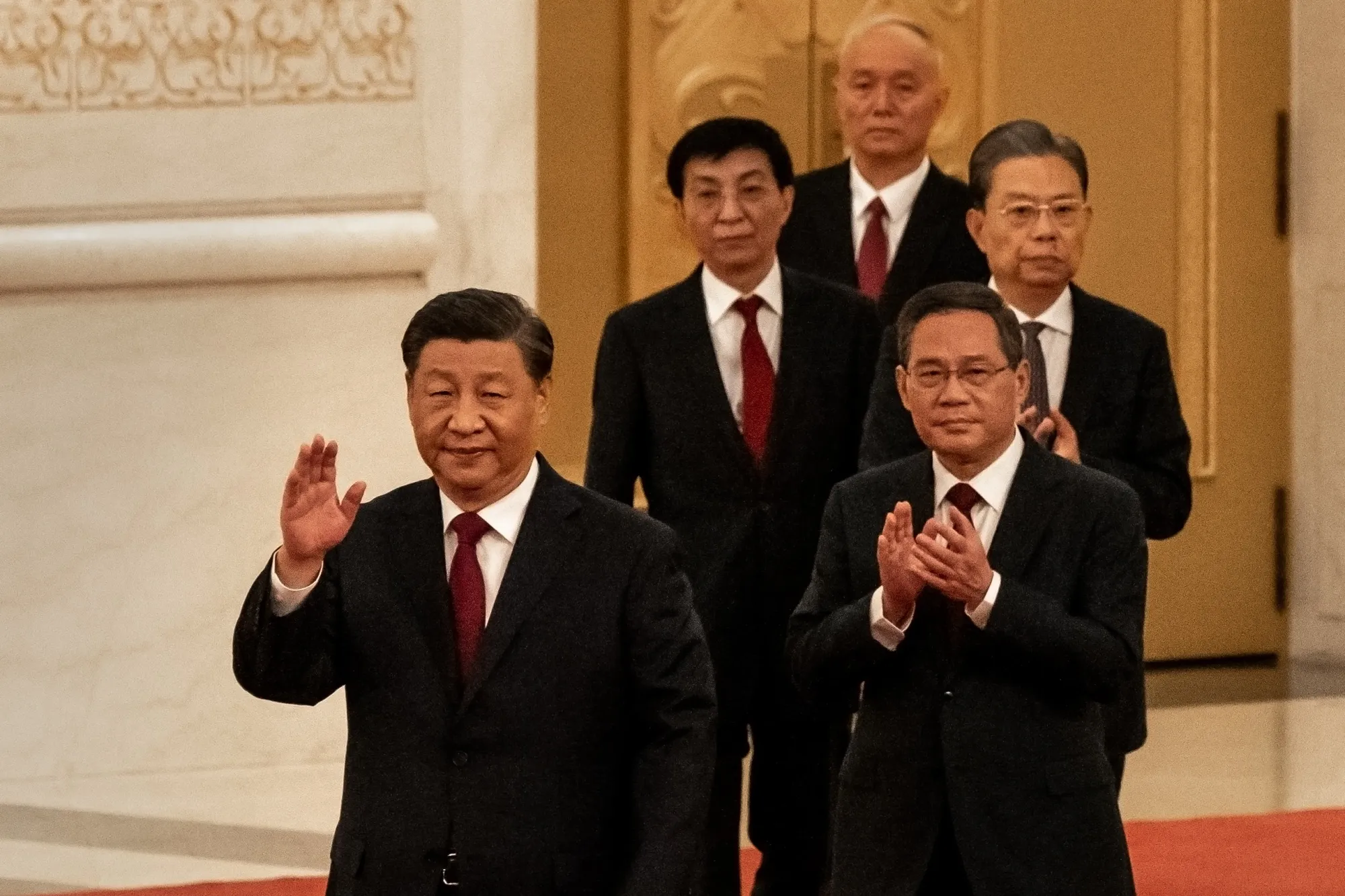 Xi Jinping and members of the&nbsp;new Politburo Standing Committee, arrive at the Great Hall of the People in Beijing.&nbsp;