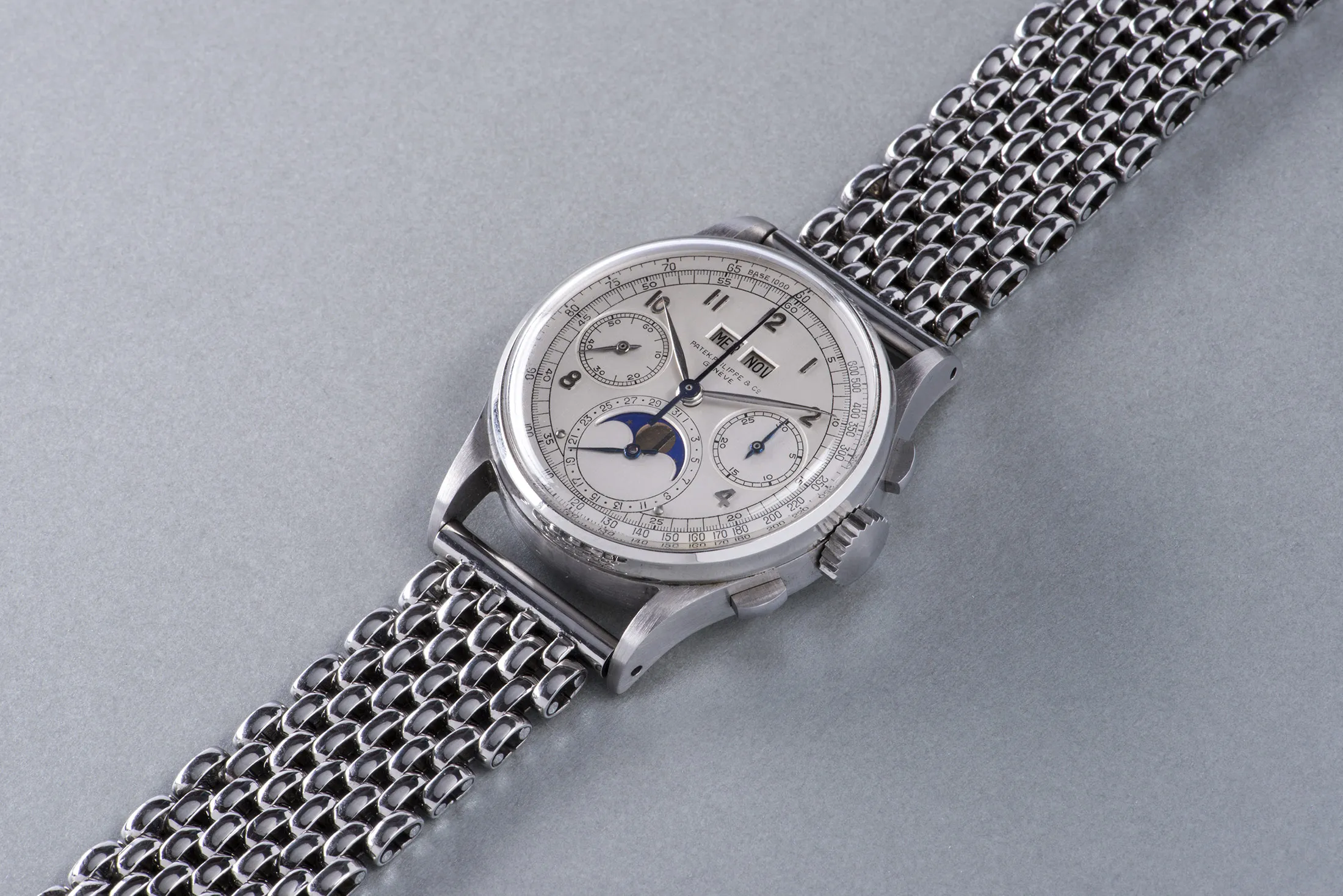 A Patek reference 1518, one of the company's rarest makes because of its early-made complications and steel case. This is one of just four known to exist.
