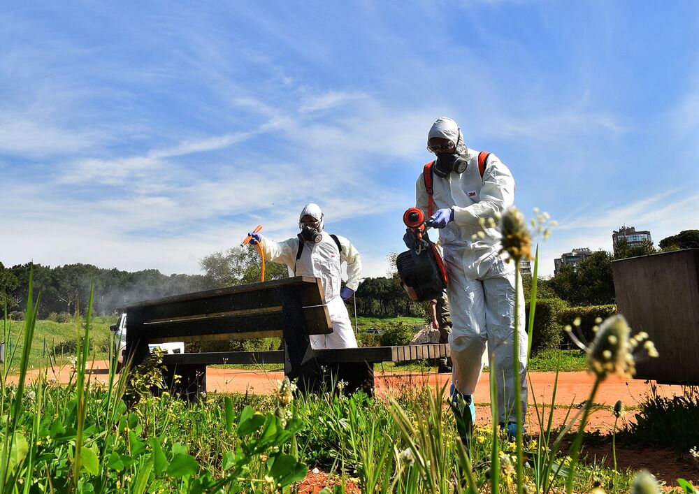 Sanitary workers disinfect Beirut's public parc on March 5, 2020.