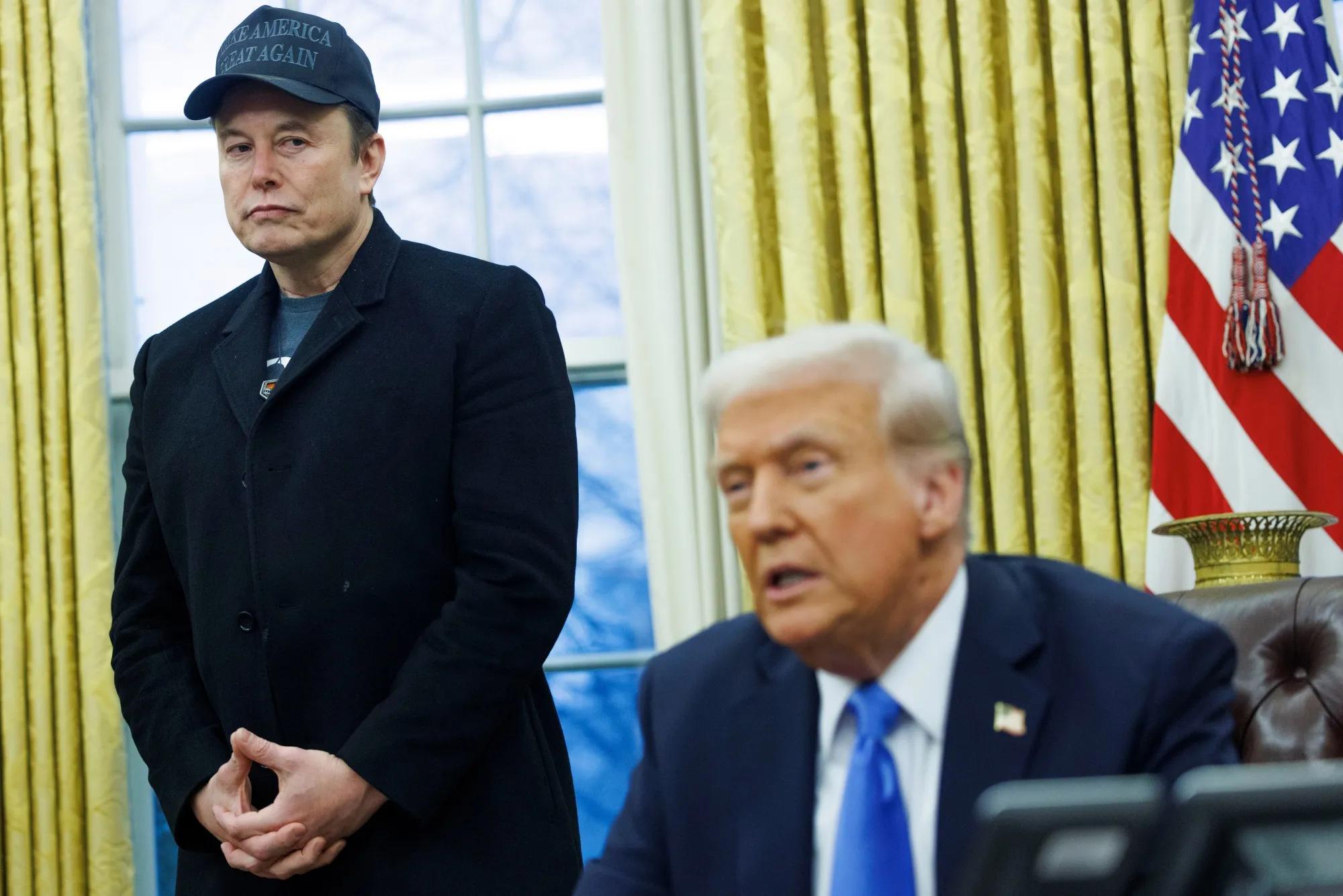 Elon Musk, left, and President Trump in the Oval Office of the White House in Washington, DC, on Feb. 11, 2025.