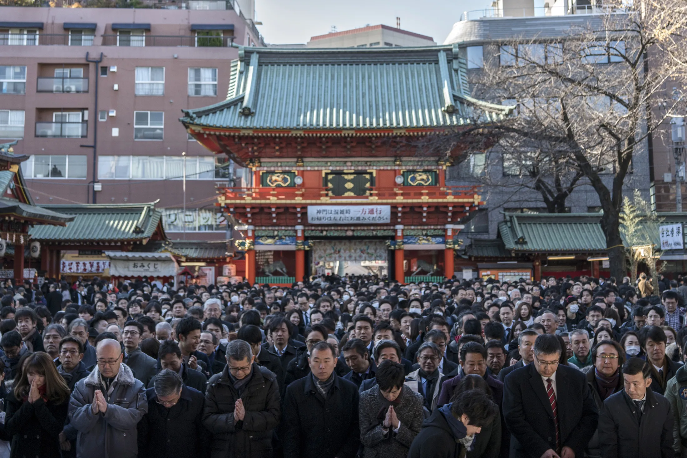 People offer prayers on the first business day of the year at the Kanda Myojin shrine in Tokyo on Jan. 4.&nbsp;