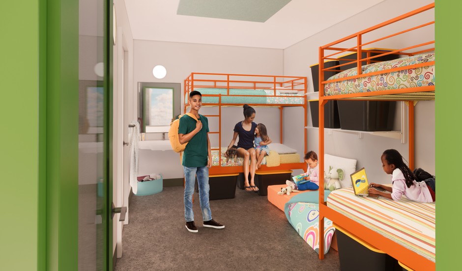 A rendering of a bedroom at &quot;The Mary’s Place Family Shelter in The Regrade,&quot; a new shelter for homeless families that will be sharing space with Amazon corporate offices in Seattle.