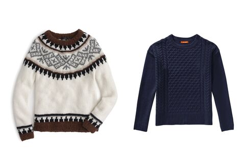 From left: Fair Isle sweater, J.Crew, $299, jcrew.com; Cable knit sweater, Joe Fresh, $39, joefresh.com.