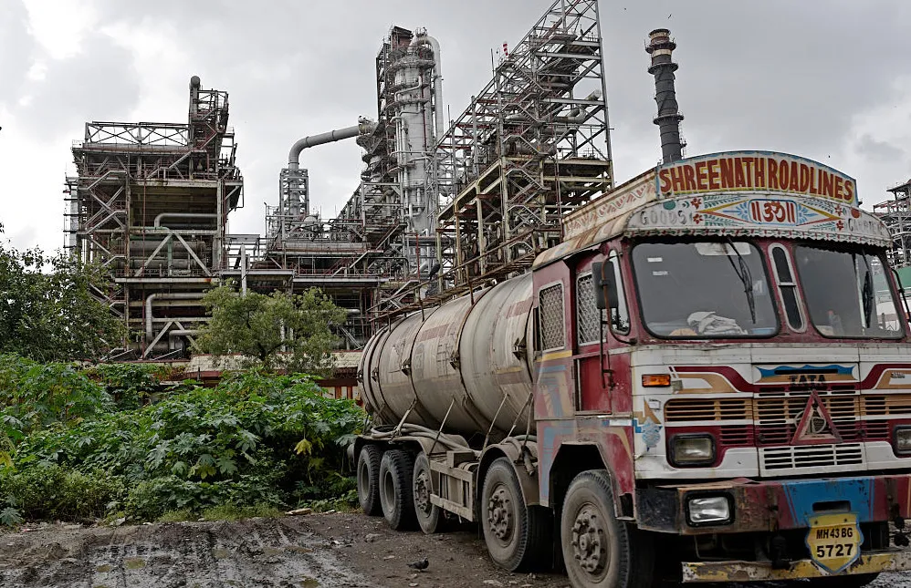 A tanker at an oil refinery in Mumbai, India.