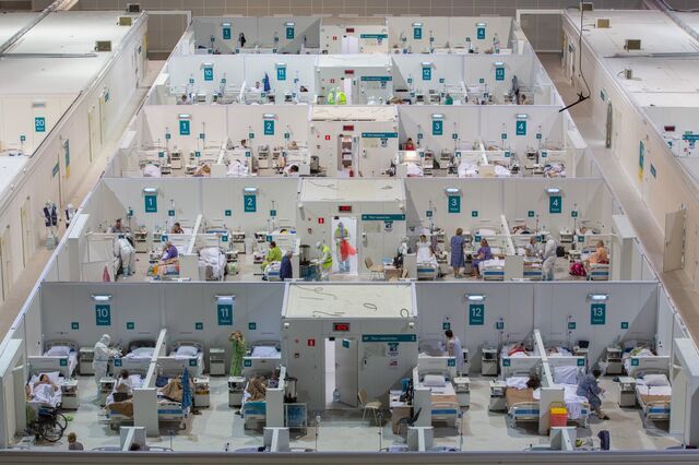 Cubicles housing patients on the arena floor inside a temporary Covid-19 hospital at the Krylatskoye Ice Palace in Moscow in Nov. 2020.