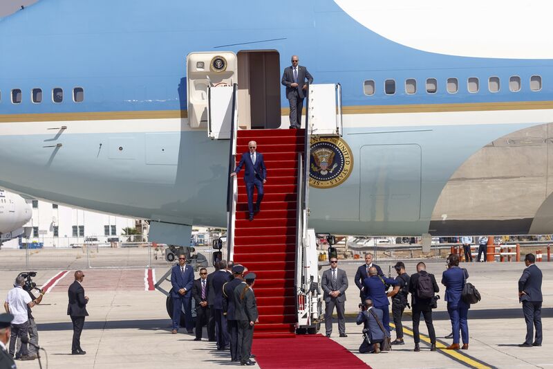 President Joe Biden, center, arrives on Air Force One at Ben Gurion International Airport in Tel Aviv, Israel, on July 13.