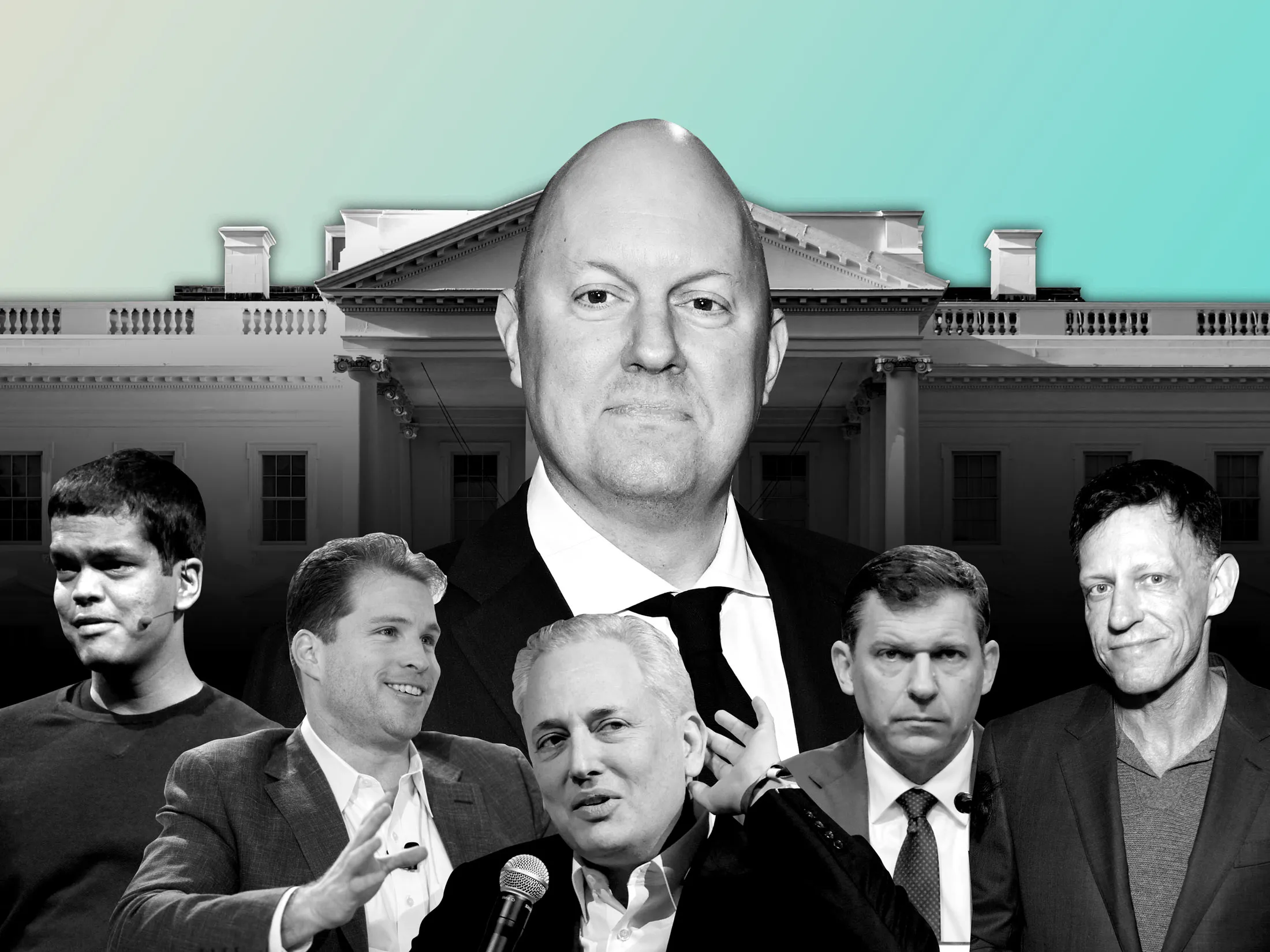 Marc Andreessen, center,&nbsp;and his allies have gained enormous influence in Washington, with some taking senior roles in the Trump administration. On bottom row from left:&nbsp;Sriram Krishnan, Joe Lonsdale, David Sacks, Michael Obadal and Peter Thiel.