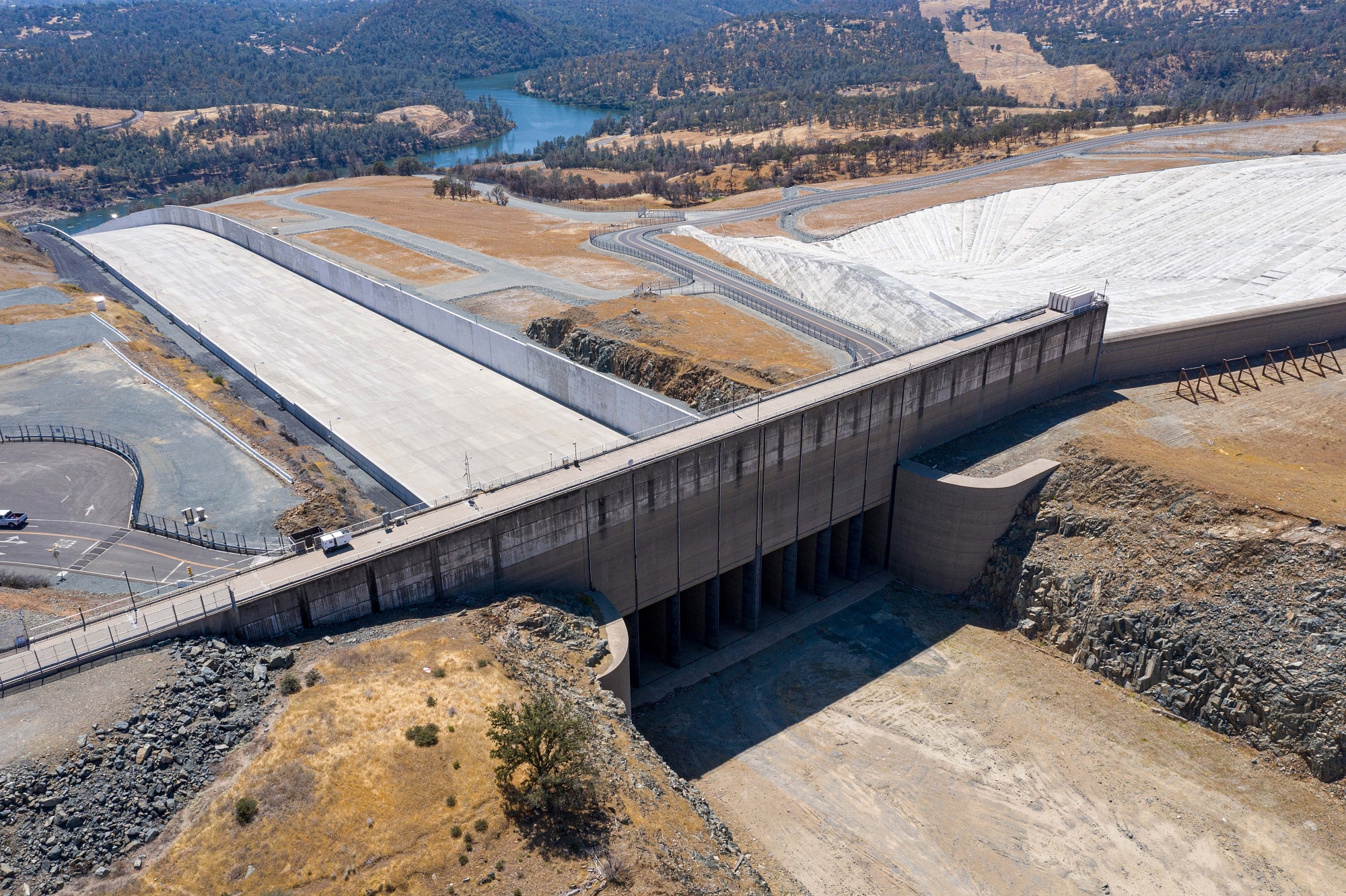 The Oroville Dam spillway at Lake Oroville during a drought in 2021.